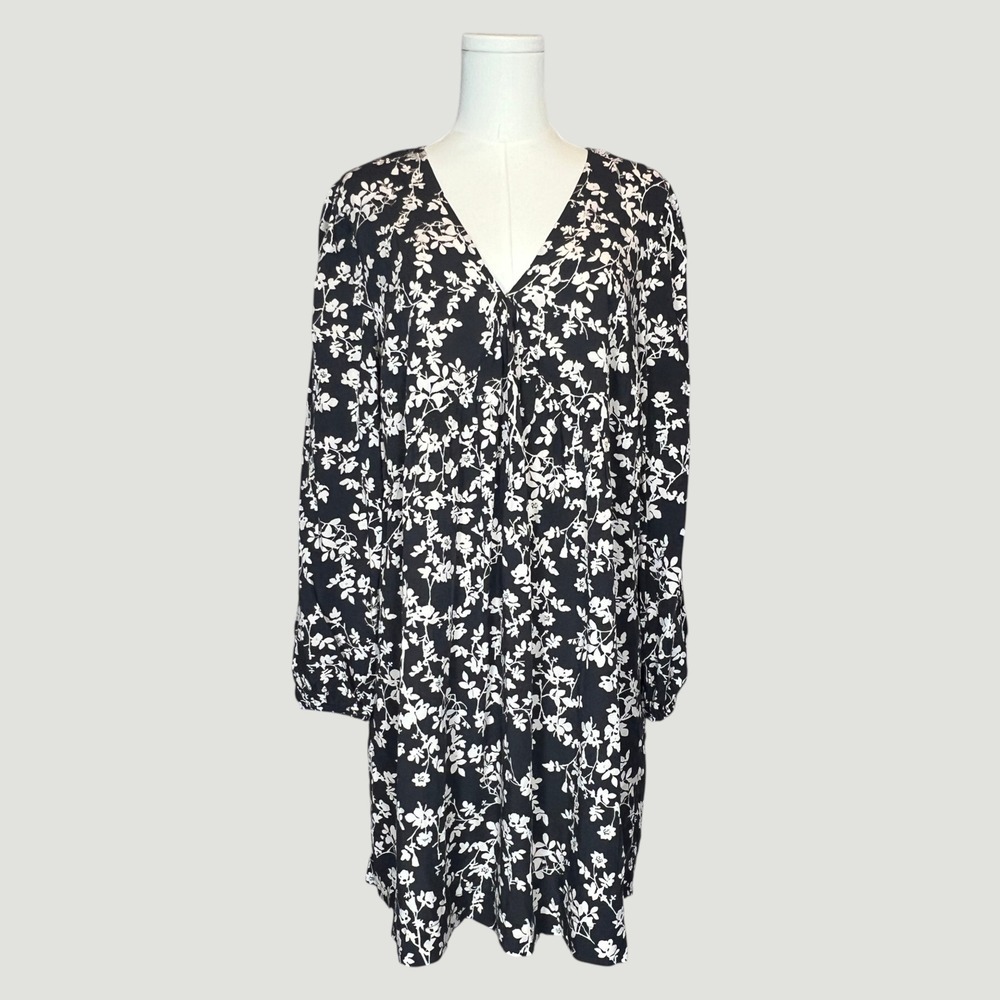 Old Navy Women's Large Black White Floral Long Sleeve Mini Dress Cottagecore - Picture 2 of 7
